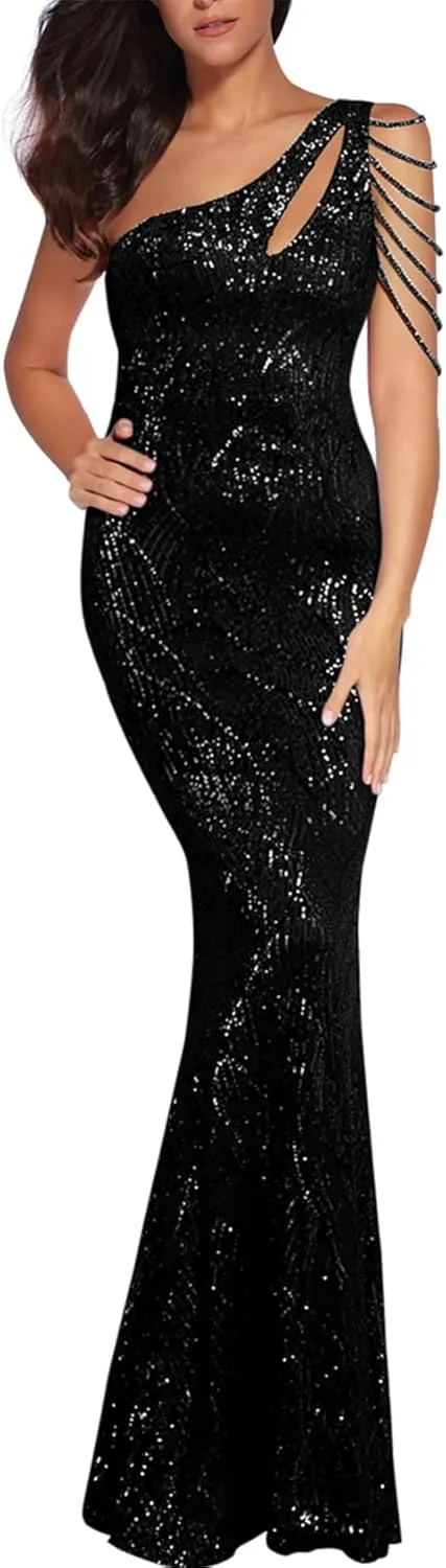 Elegant Sequin Dresses for Wedding Guest One Shoulder Dress for Women with Bead Maxi Formal Gowns