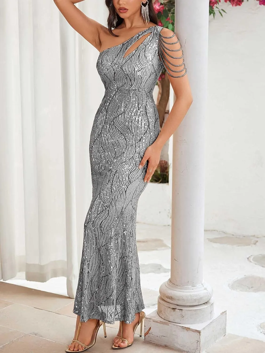 Elegant Sequin Dresses for Wedding Guest One Shoulder Dress for Women with Bead Maxi Formal Gowns
