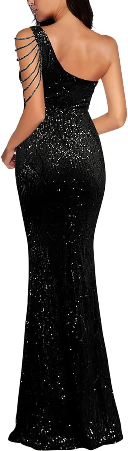 Elegant Sequin Dresses for Wedding Guest One Shoulder Dress for Women with Bead Maxi Formal Gowns