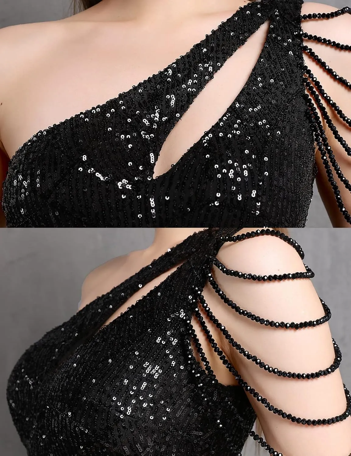 Elegant Sequin Dresses for Wedding Guest One Shoulder Dress for Women with Bead Maxi Formal Gowns