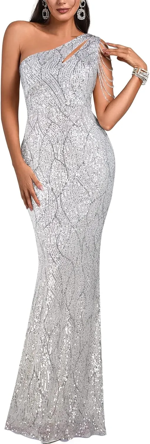 Elegant Sequin Dresses for Wedding Guest One Shoulder Dress for Women with Bead Maxi Formal Gowns