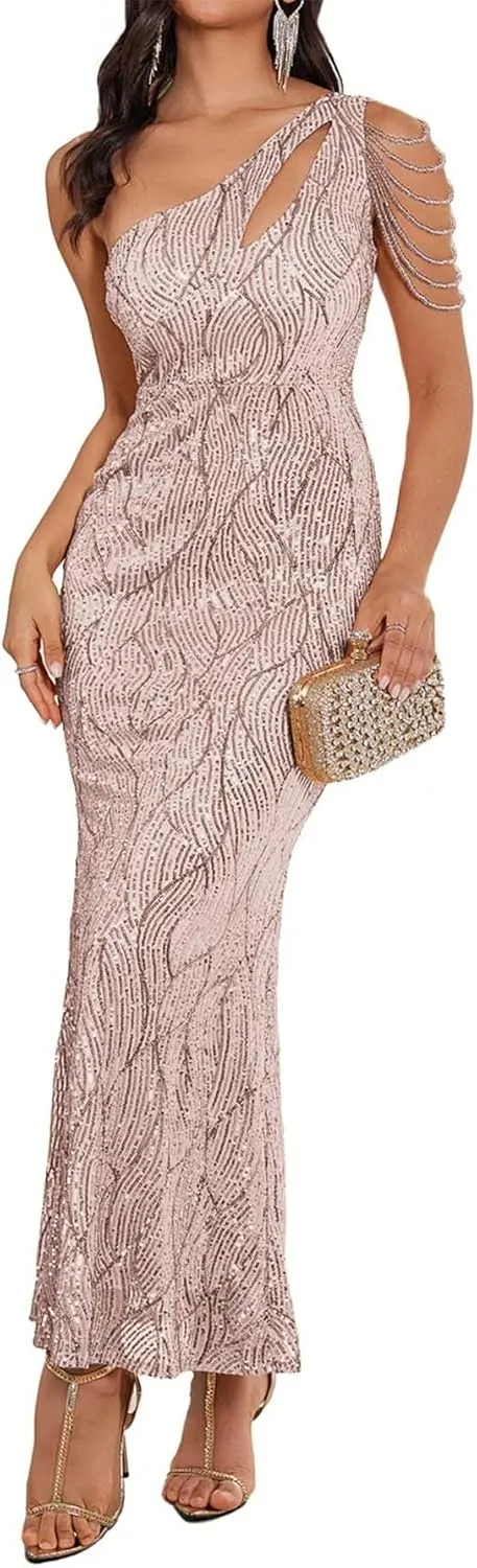 Elegant Sequin Dresses for Wedding Guest One Shoulder Dress for Women with Bead Maxi Formal Gowns