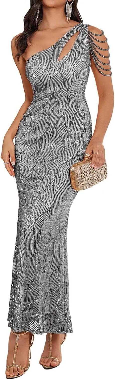 Elegant Sequin Dresses for Wedding Guest One Shoulder Dress for Women with Bead Maxi Formal Gowns