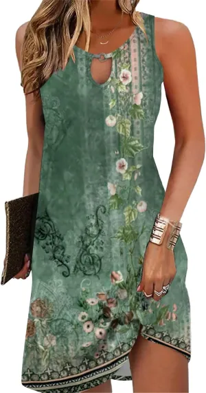 ETCYY Womens Boho Beach Sundresses Vacation Casual Loose Floral Printed Summer Sleeveless A-Line Dresses