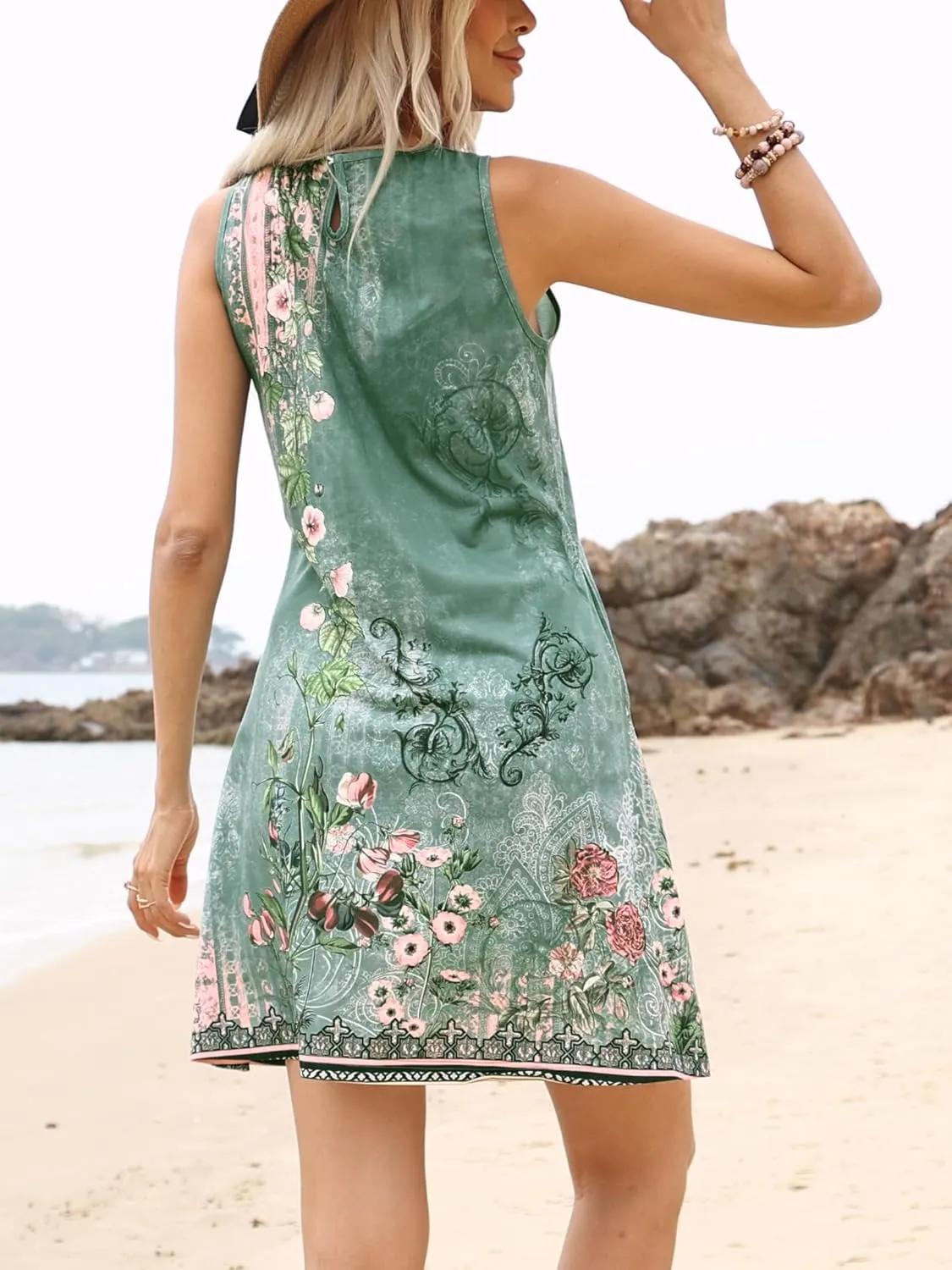 ETCYY Womens Boho Beach Sundresses Vacation Casual Loose Floral Printed Summer Sleeveless A-Line Dresses