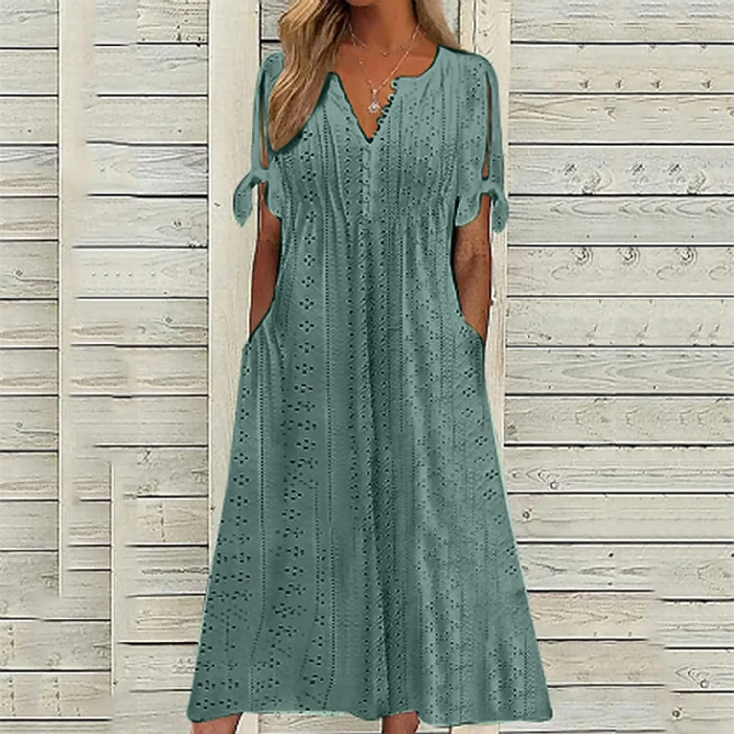 Eyelet Dresses for Women 2025 Midi Tie Knot Short Sleeve Summer Dresses Buttons Crew Neck Flowy Beach Dress with Pockets