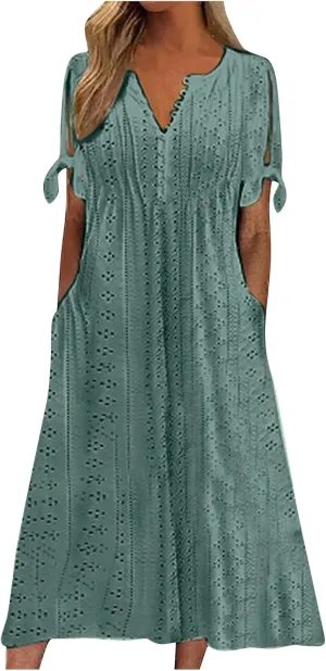 Eyelet Dresses for Women 2025 Midi Tie Knot Short Sleeve Summer Dresses Buttons Crew Neck Flowy Beach Dress with Pockets