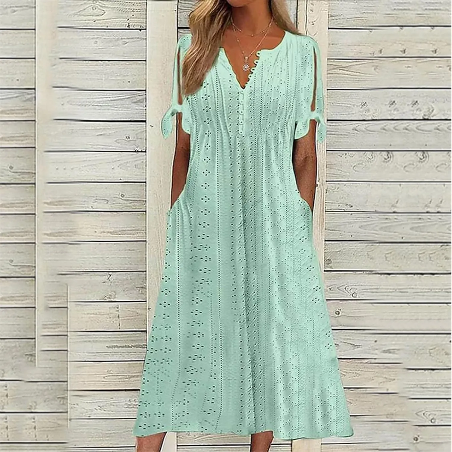 Eyelet Dresses for Women 2025 Midi Tie Knot Short Sleeve Summer Dresses Buttons Crew Neck Flowy Beach Dress with Pockets