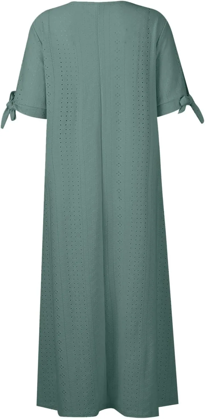 Eyelet Dresses for Women 2025 Midi Tie Knot Short Sleeve Summer Dresses Buttons Crew Neck Flowy Beach Dress with Pockets