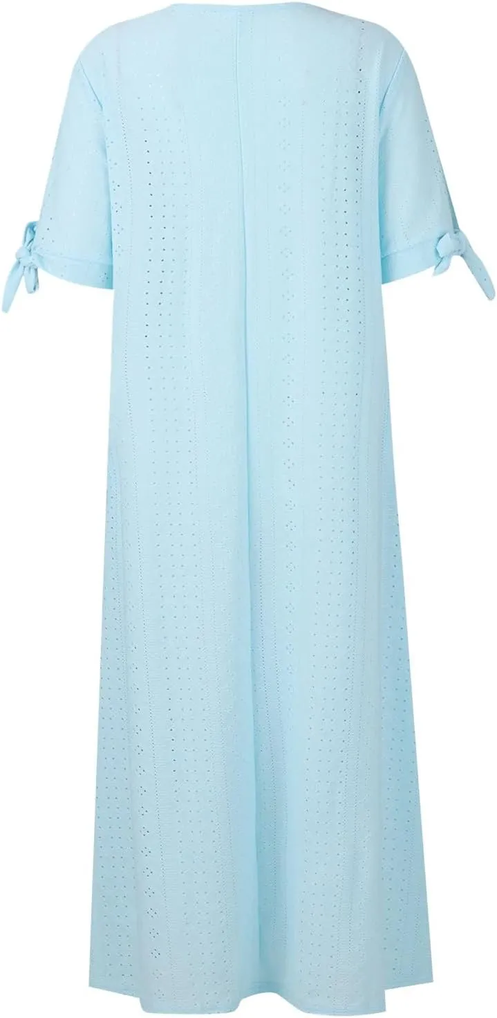 Eyelet Dresses for Women 2025 Midi Tie Knot Short Sleeve Summer Dresses Buttons Crew Neck Flowy Beach Dress with Pockets