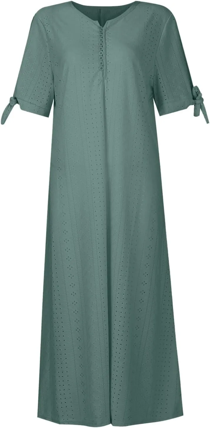Eyelet Dresses for Women 2025 Midi Tie Knot Short Sleeve Summer Dresses Buttons Crew Neck Flowy Beach Dress with Pockets