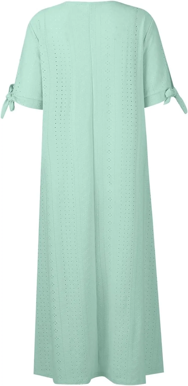 Eyelet Dresses for Women 2025 Midi Tie Knot Short Sleeve Summer Dresses Buttons Crew Neck Flowy Beach Dress with Pockets