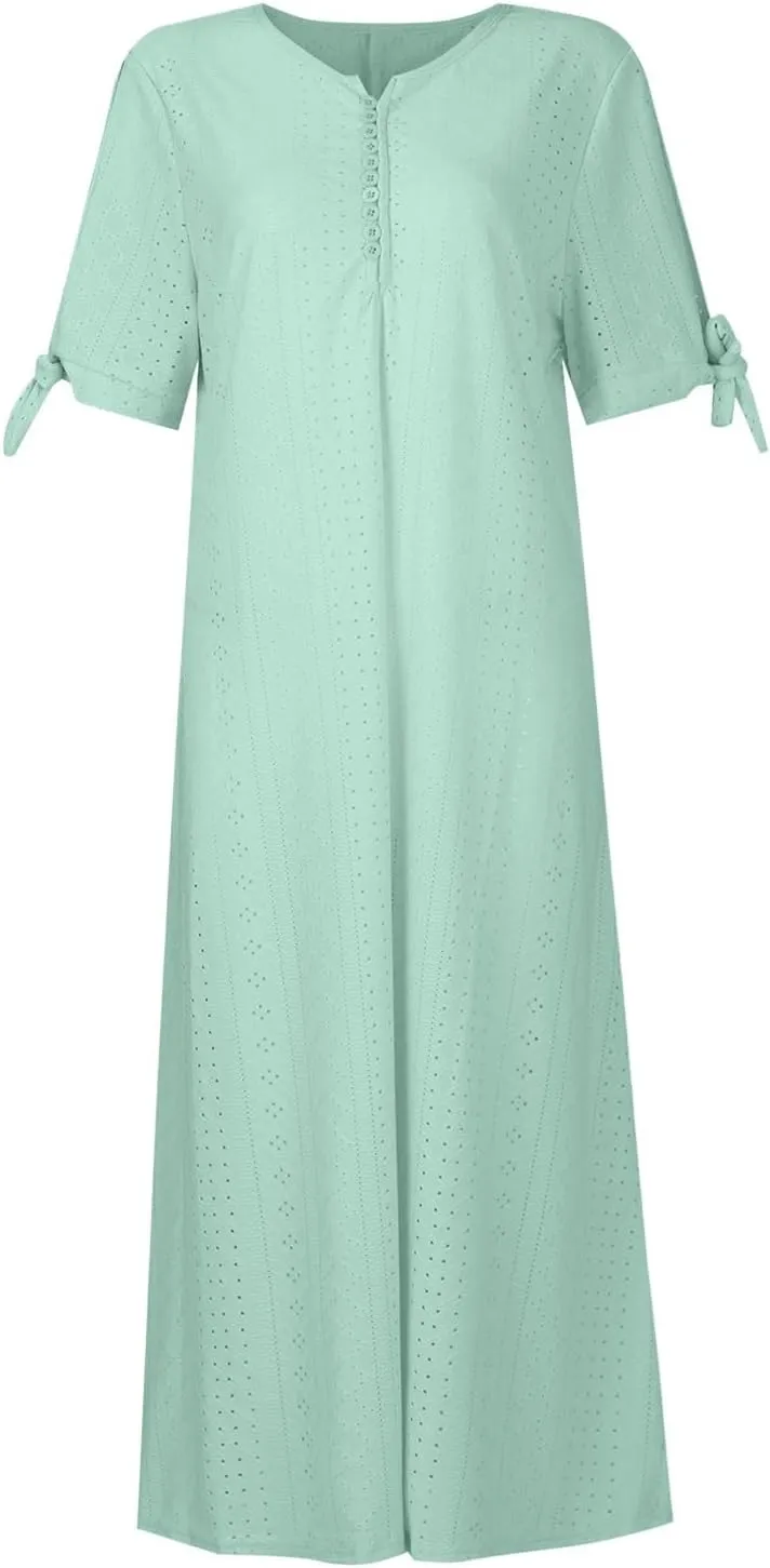 Eyelet Dresses for Women 2025 Midi Tie Knot Short Sleeve Summer Dresses Buttons Crew Neck Flowy Beach Dress with Pockets