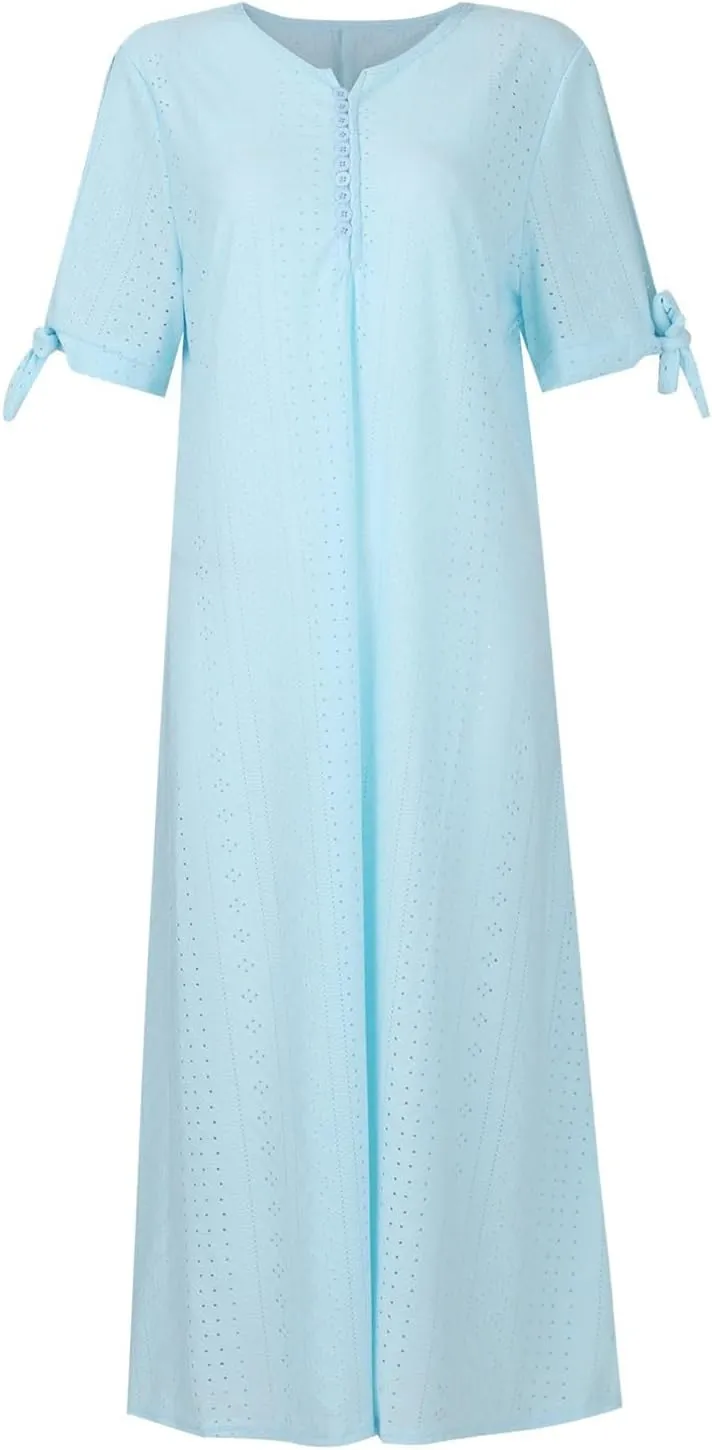 Eyelet Dresses for Women 2025 Midi Tie Knot Short Sleeve Summer Dresses Buttons Crew Neck Flowy Beach Dress with Pockets