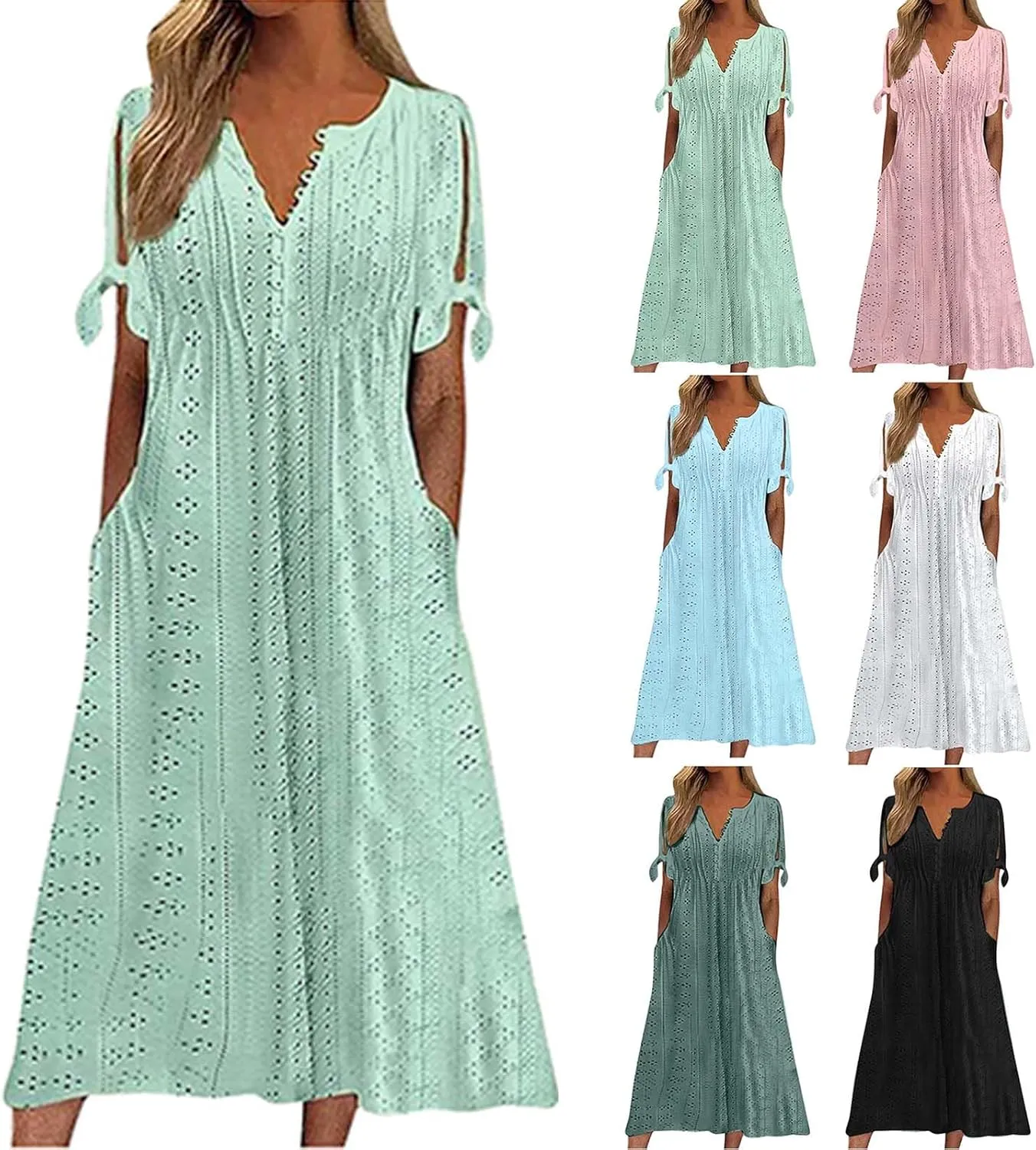 Eyelet Dresses for Women 2025 Midi Tie Knot Short Sleeve Summer Dresses Buttons Crew Neck Flowy Beach Dress with Pockets