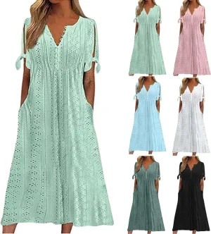 Eyelet Dresses for Women 2025 Midi Tie Knot Short Sleeve Summer Dresses Buttons Crew Neck Flowy Beach Dress with Pockets