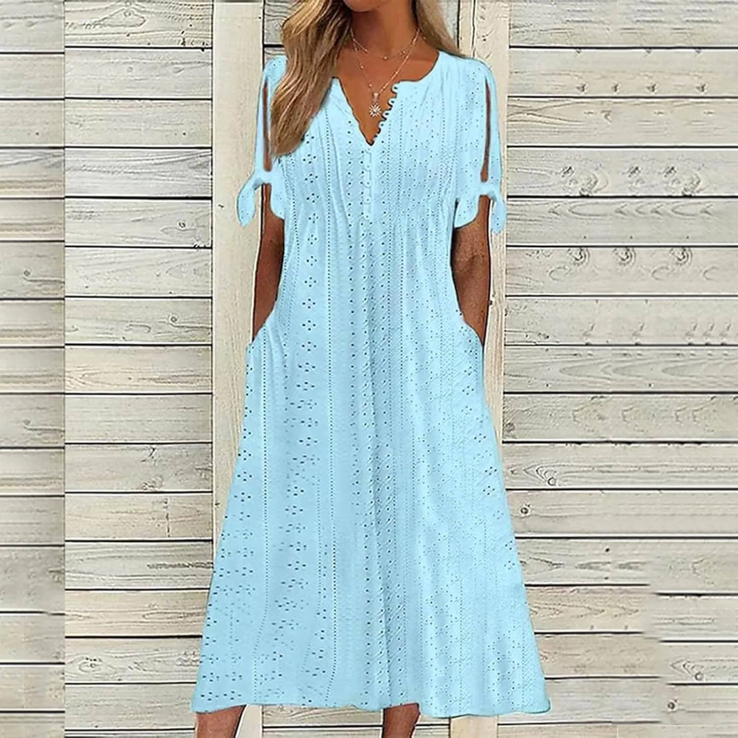Eyelet Dresses for Women 2025 Midi Tie Knot Short Sleeve Summer Dresses Buttons Crew Neck Flowy Beach Dress with Pockets