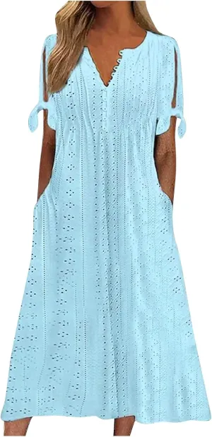 Eyelet Dresses for Women 2025 Midi Tie Knot Short Sleeve Summer Dresses Buttons Crew Neck Flowy Beach Dress with Pockets