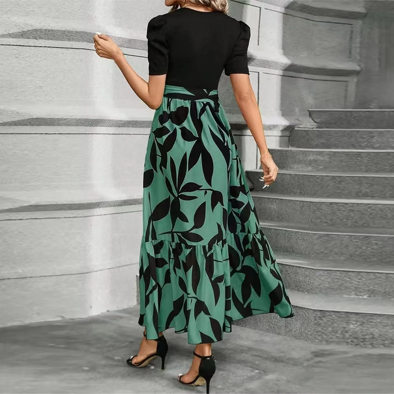 FlekmanArt Dresses for Women 2025 Elegant Boho Tie Belted Patchwork Empire Waist Short Sleeve Modest Crewneck Maxi Dress