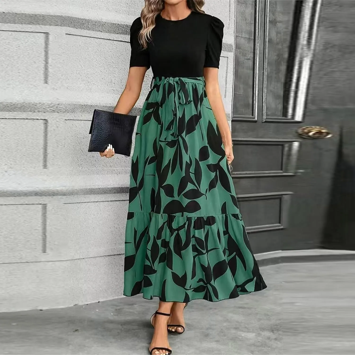 FlekmanArt Dresses for Women 2025 Elegant Boho Tie Belted Patchwork Empire Waist Short Sleeve Modest Crewneck Maxi Dress