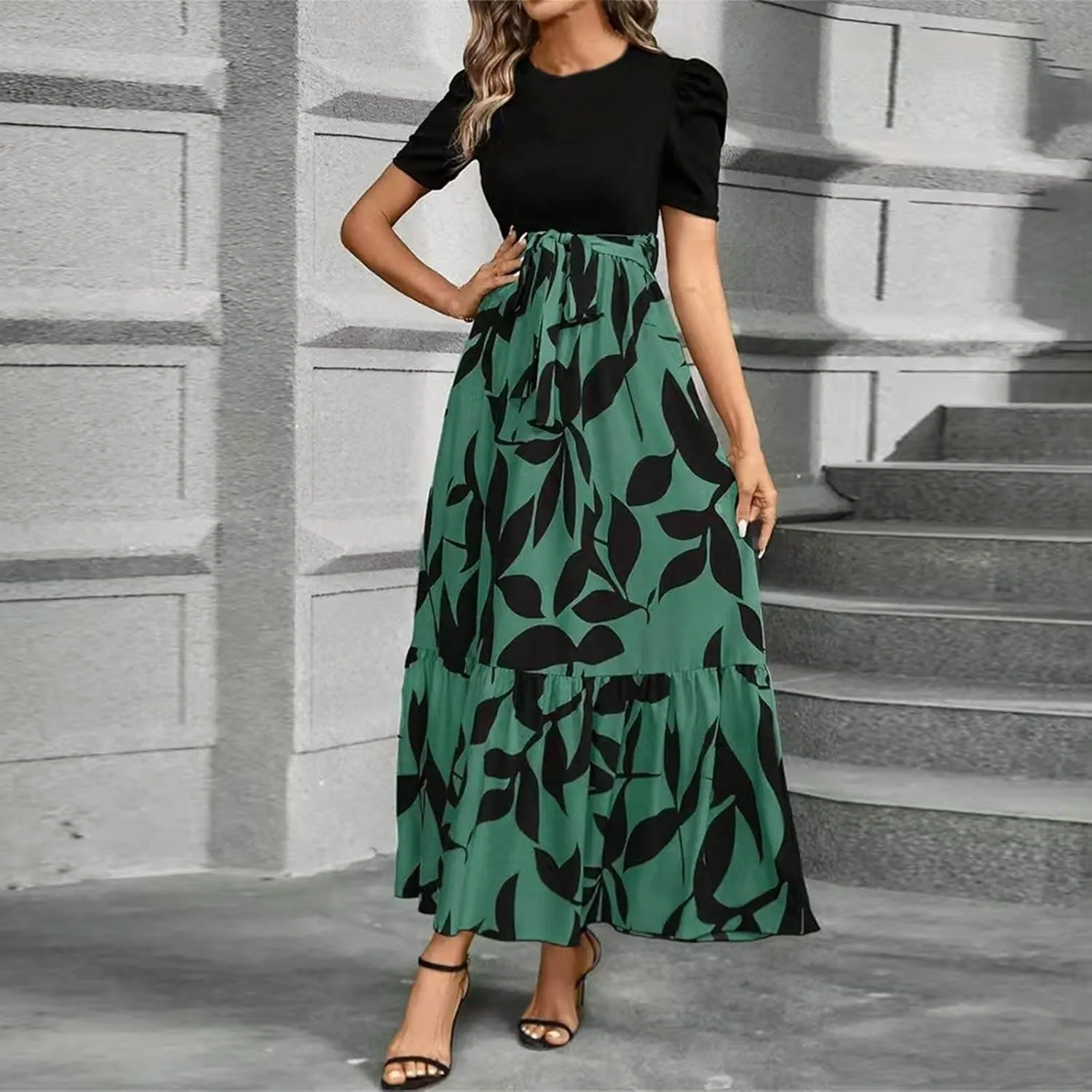 FlekmanArt Dresses for Women 2025 Elegant Boho Tie Belted Patchwork Empire Waist Short Sleeve Modest Crewneck Maxi Dress