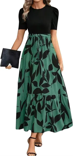 FlekmanArt Dresses for Women 2025 Elegant Boho Tie Belted Patchwork Empire Waist Short Sleeve Modest Crewneck Maxi Dress