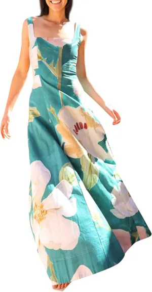 FlekmanArt Women Boho Cute Print Maxi Dress Summer Graffiti Cami Long Dress Straghetti Strap Flowy Slip Dress Beach Dress