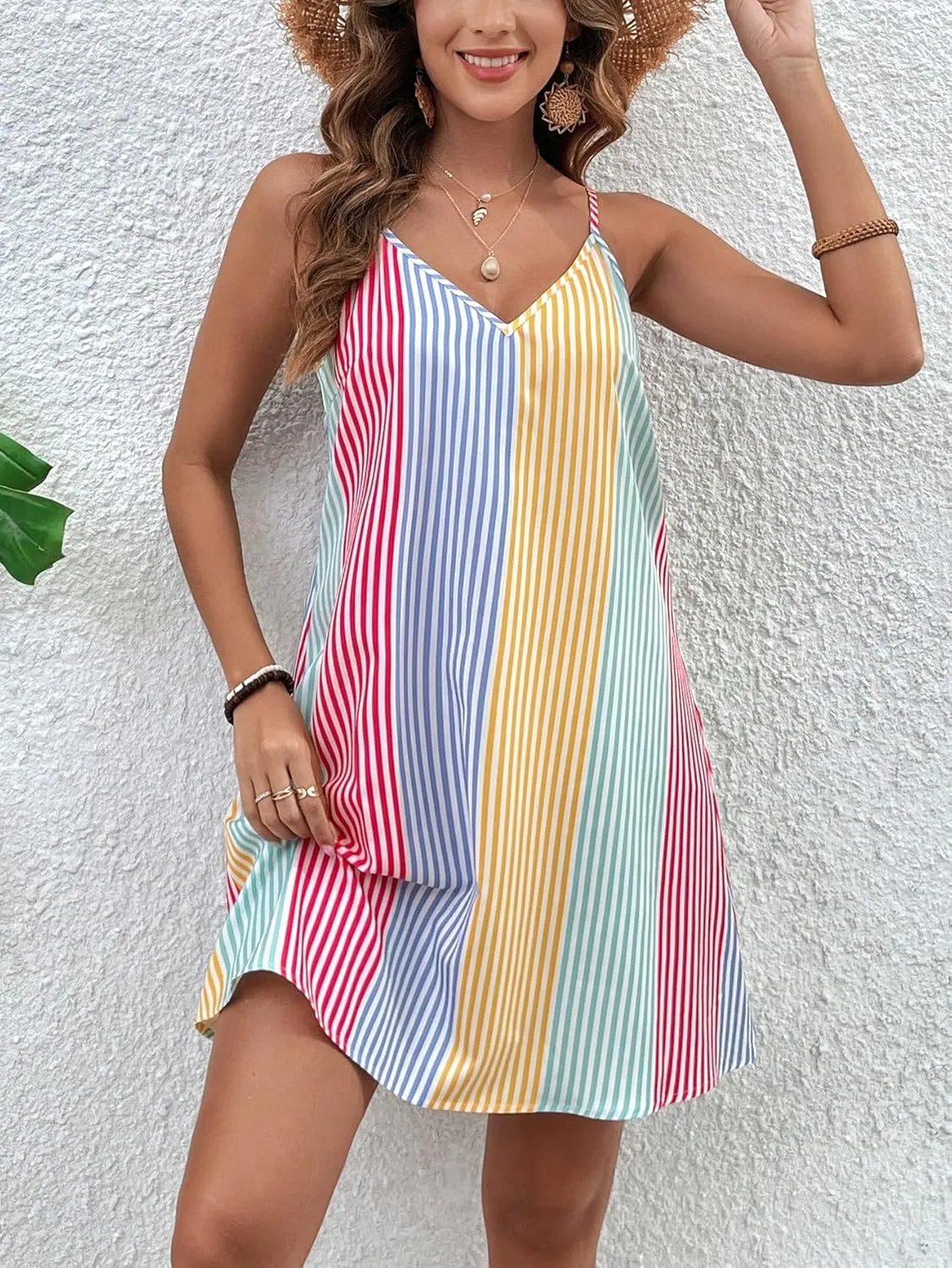 Floerns Women's Colorblock Striped V Neck Cami Dress Casual Tunic A Line Dresses