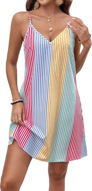 Floerns Women's Colorblock Striped V Neck Cami Dress Casual Tunic A Line Dresses