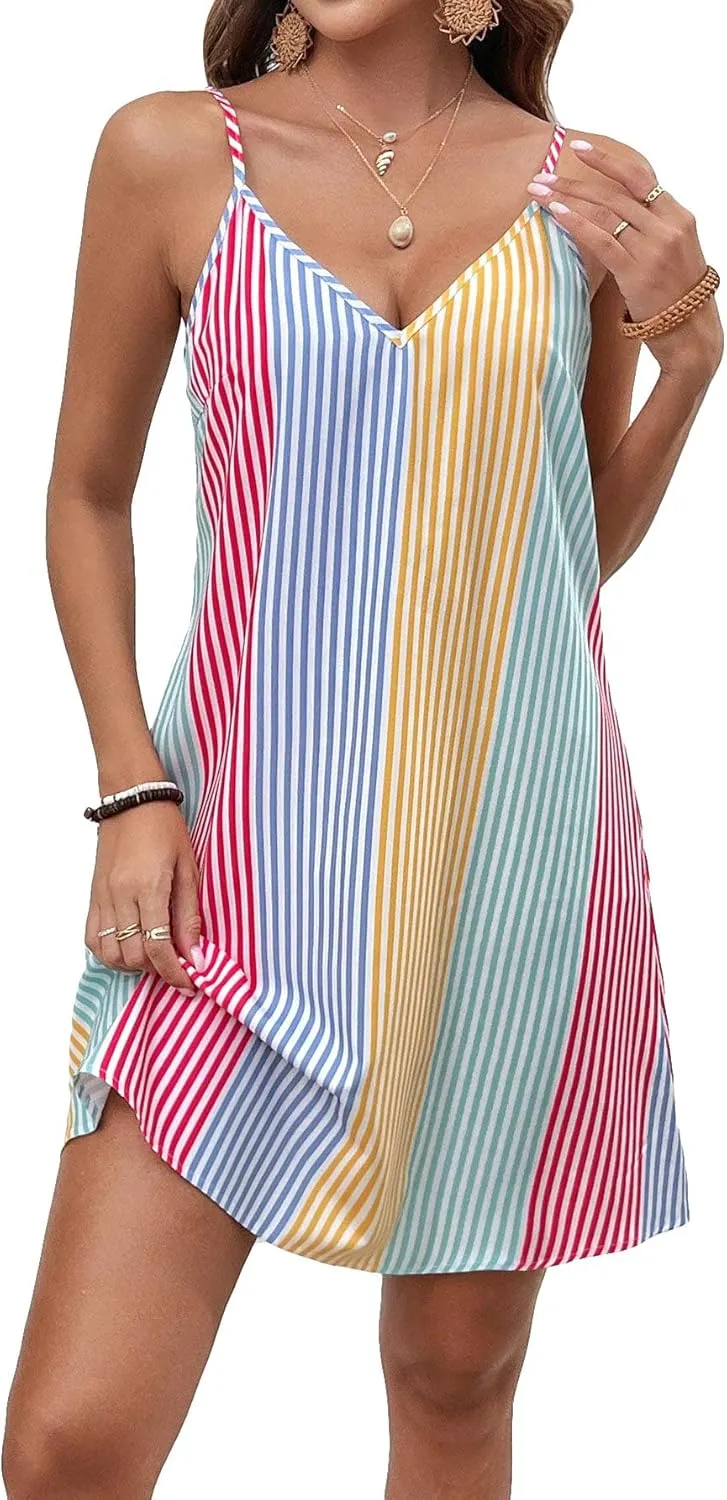 Floerns Women's Colorblock Striped V Neck Cami Dress Casual Tunic A Line Dresses