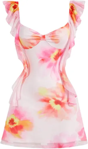 Floerns Women's Floral Ruffle Trim Cap Sleeve Mini Dress Sweetheart Neck A Line Dresses