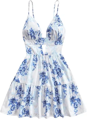 Floerns Women's Floral Sleeveless Mini Dress Flounce Hem Summer A Line Dresses