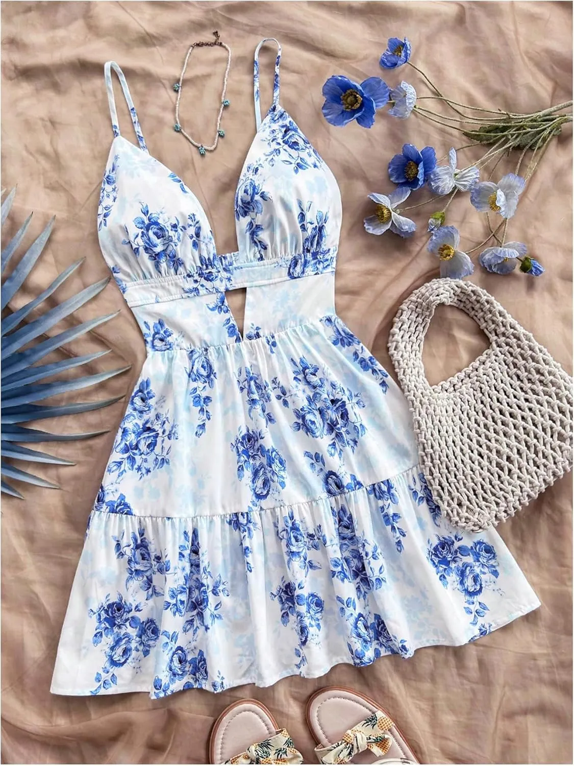 Floerns Women's Floral Sleeveless Mini Dress Flounce Hem Summer A Line Dresses