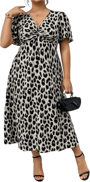 Floerns Women's Plus Size Cheetah Midi Dress Twist Front V Neck Short Sleeve A Line Dresses