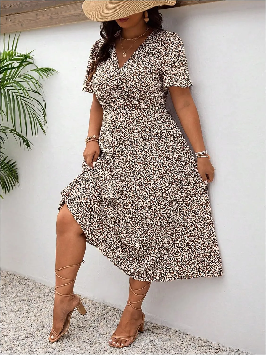 Floerns Women's Plus Size Twist Front V Neck Midi Dress Short Sleeve A Line Dresses