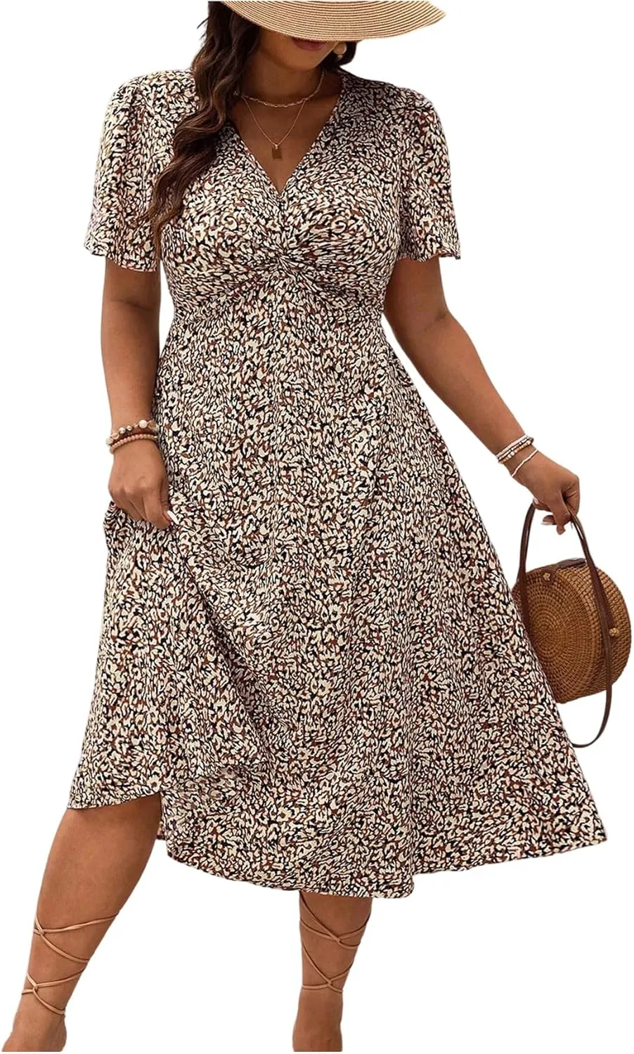 Floerns Women's Plus Size Twist Front V Neck Midi Dress Short Sleeve A Line Dresses