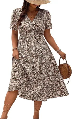 Floerns Women's Plus Size Twist Front V Neck Midi Dress Short Sleeve A Line Dresses