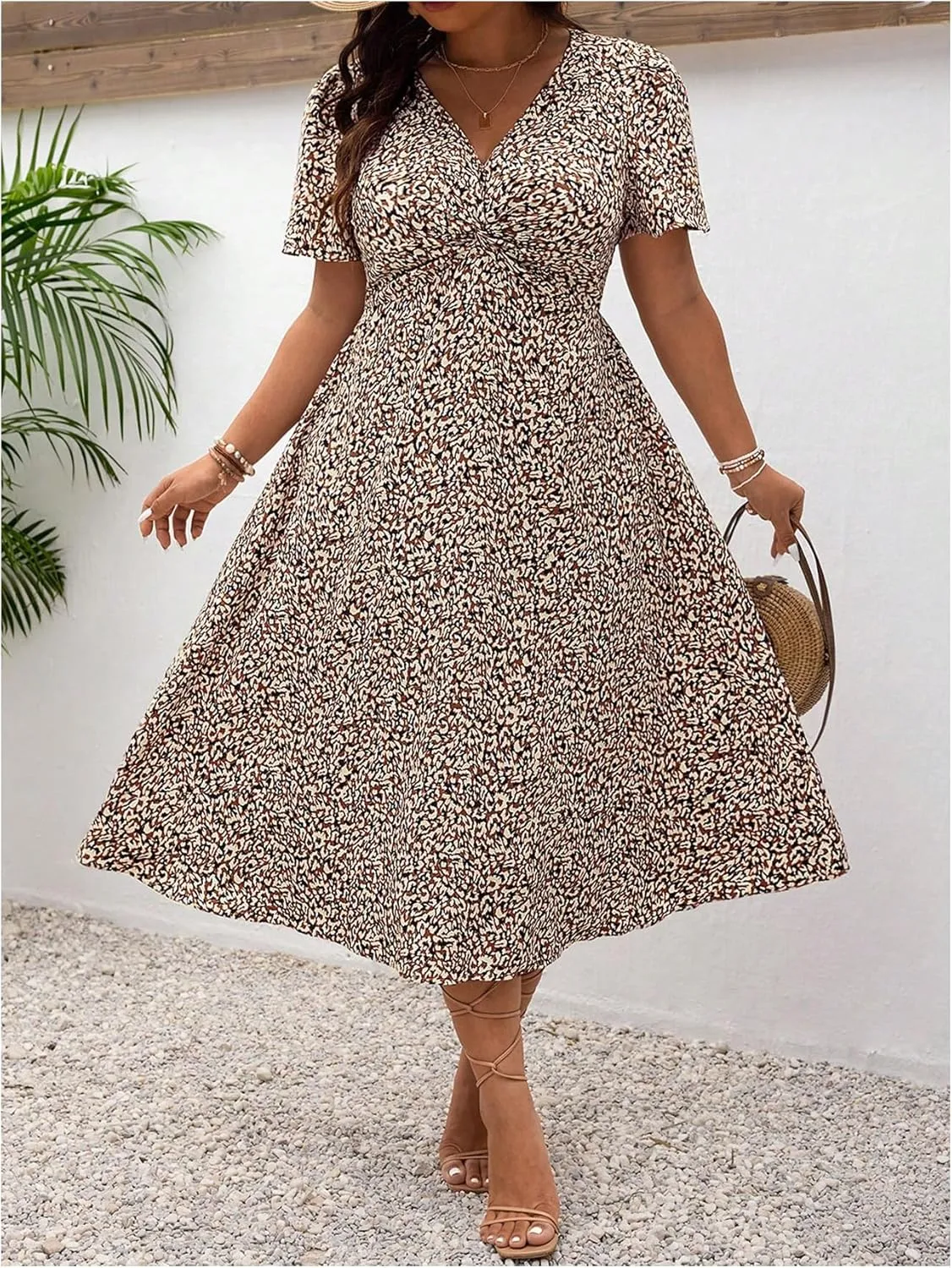 Floerns Women's Plus Size Twist Front V Neck Midi Dress Short Sleeve A Line Dresses