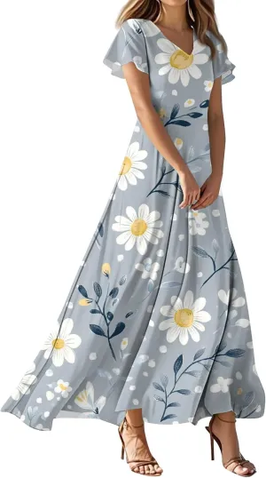 Floral Dress for Women Summer Casual Trendy Short Sleeve V-Neck Print Flowy Boho Maxi Dresses Vacation Outfits