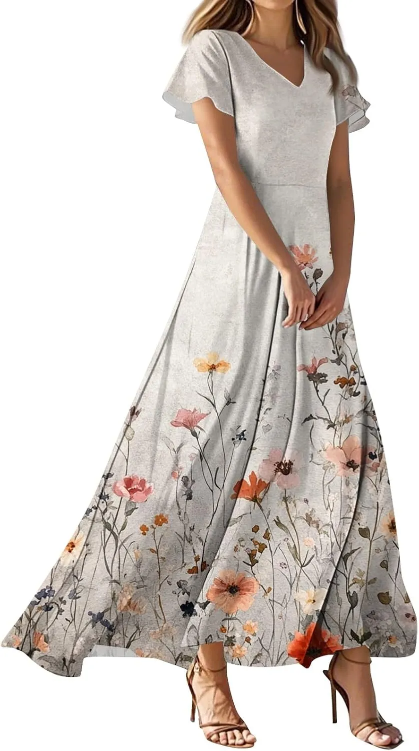 Floral Dress for Women Summer Casual Trendy Short Sleeve V-Neck Print Flowy Boho Maxi Dresses Vacation Outfits