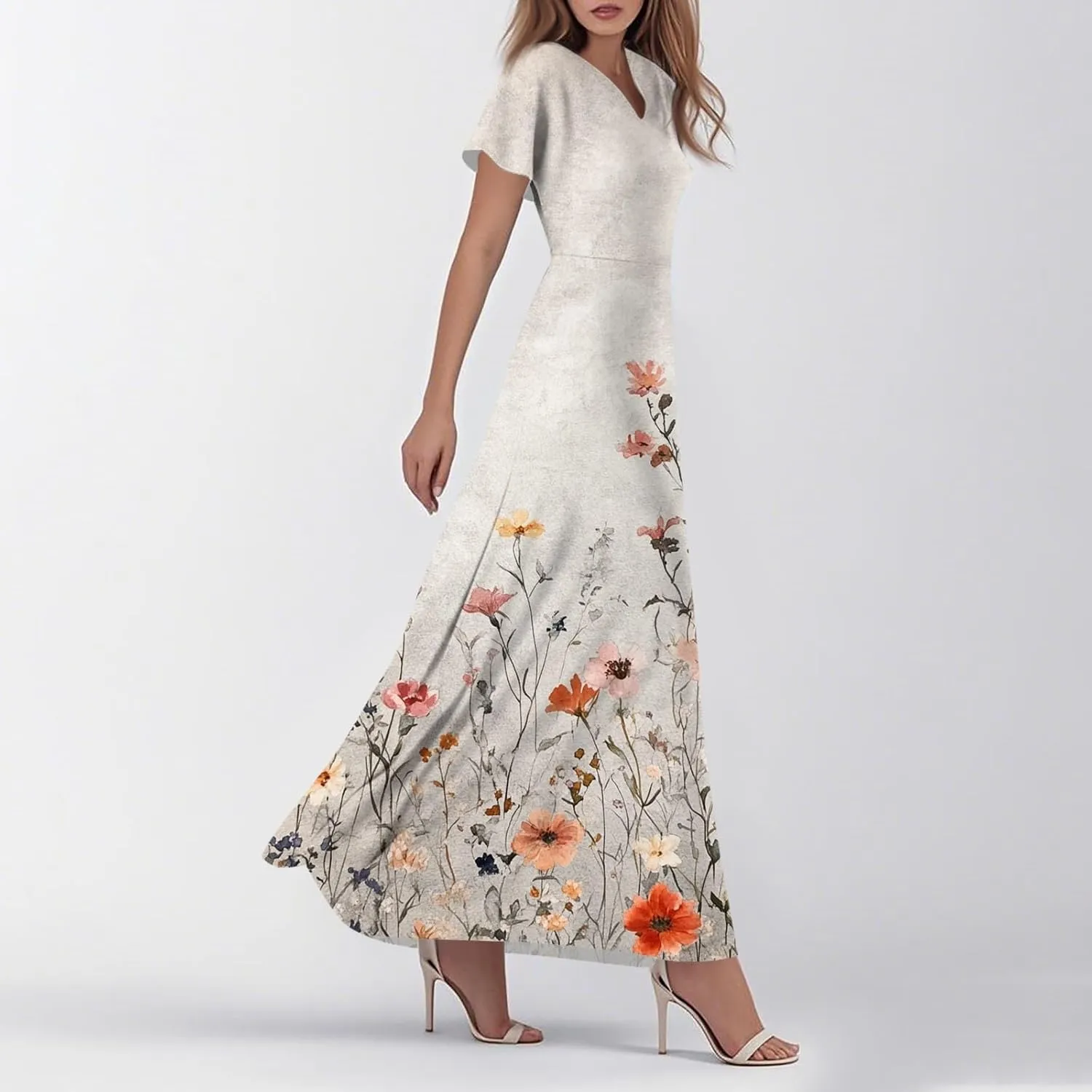 Floral Dress for Women Summer Casual Trendy Short Sleeve V-Neck Print Flowy Boho Maxi Dresses Vacation Outfits