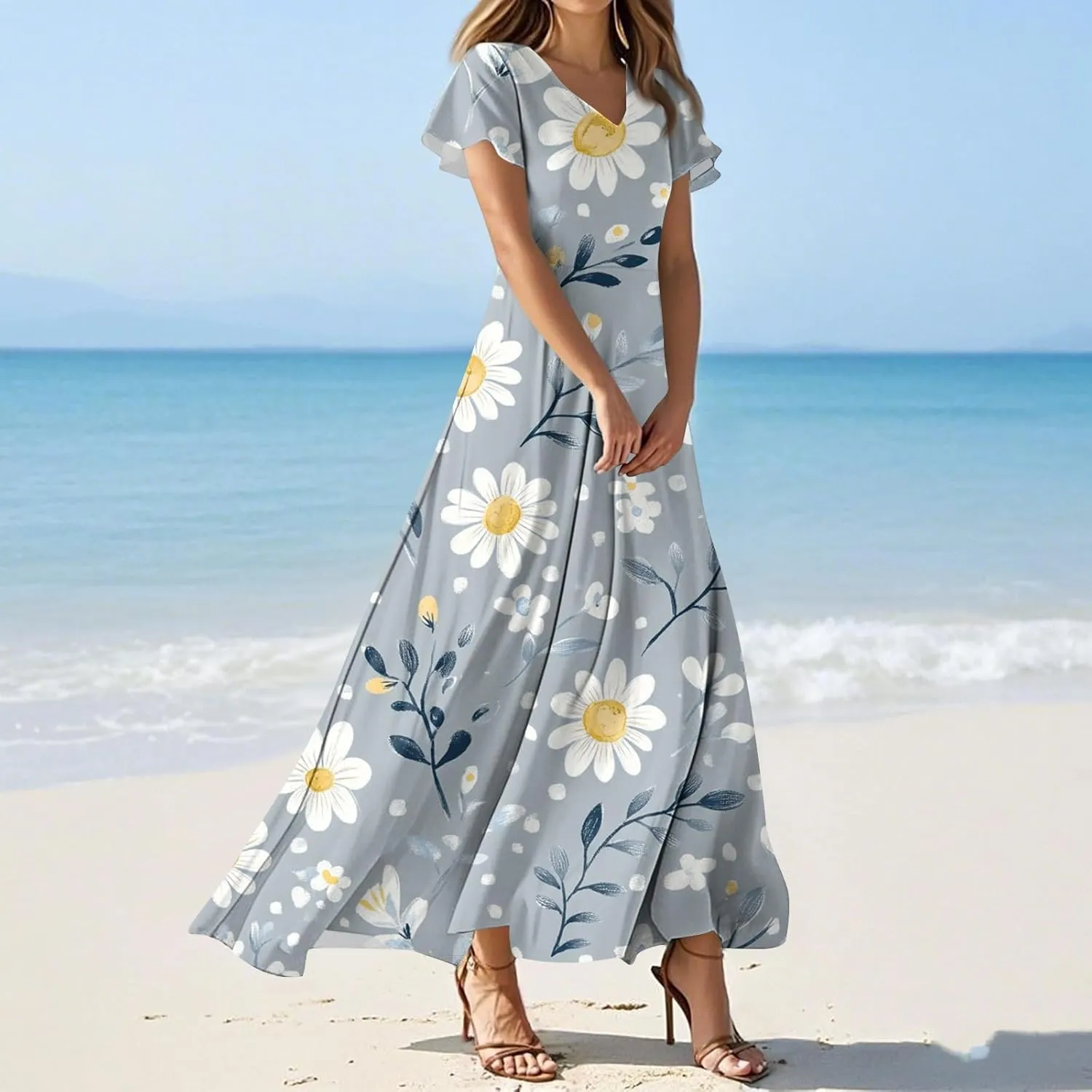 Floral Dress for Women Summer Casual Trendy Short Sleeve V-Neck Print Flowy Boho Maxi Dresses Vacation Outfits
