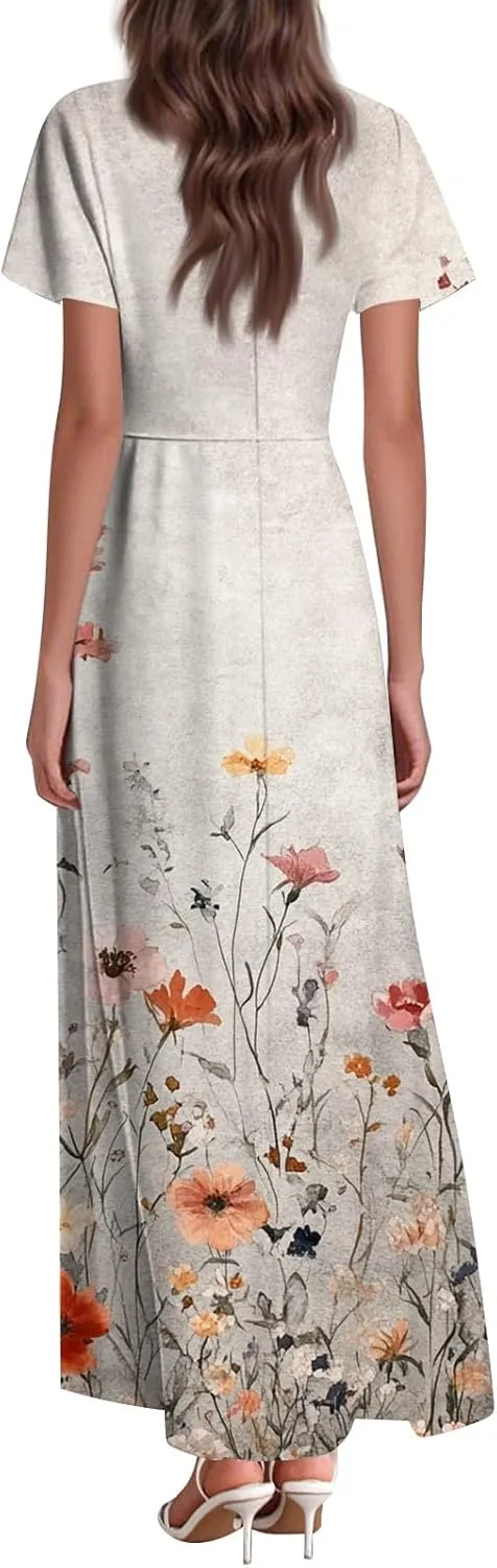 Floral Dress for Women Summer Casual Trendy Short Sleeve V-Neck Print Flowy Boho Maxi Dresses Vacation Outfits