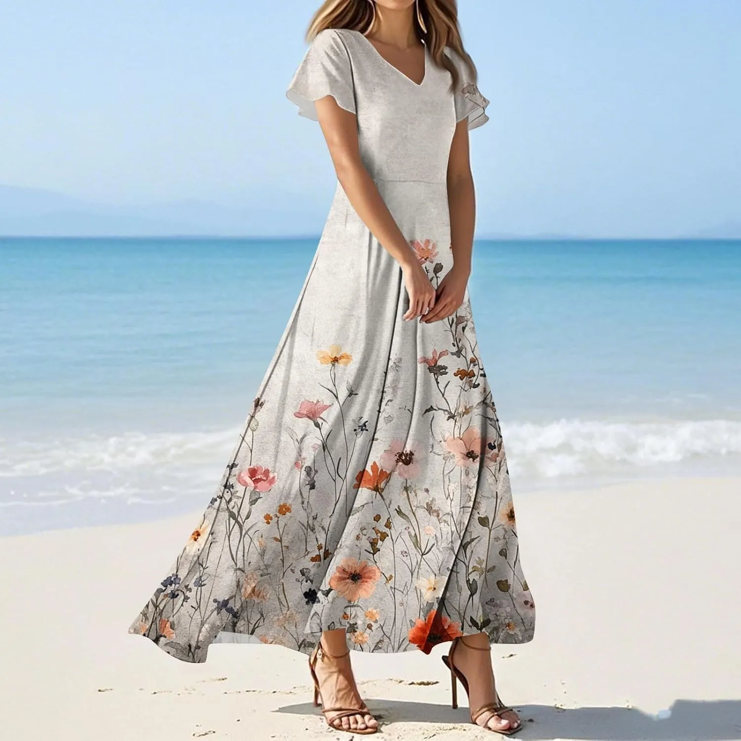 Floral Dress for Women Summer Casual Trendy Short Sleeve V-Neck Print Flowy Boho Maxi Dresses Vacation Outfits