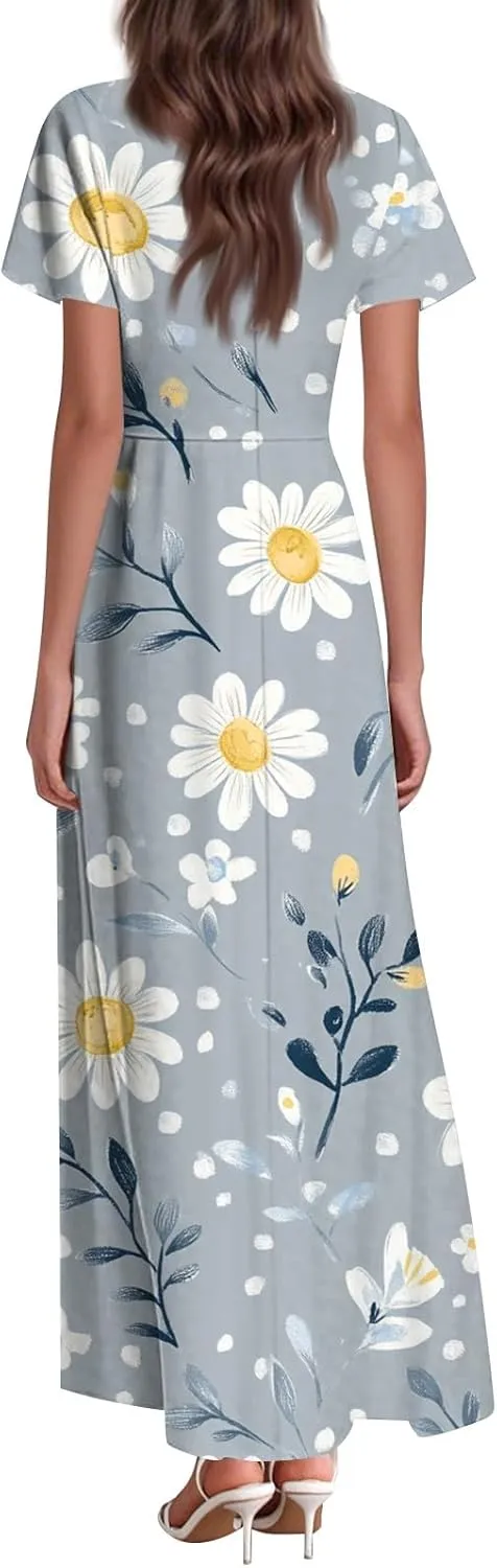 Floral Dress for Women Summer Casual Trendy Short Sleeve V-Neck Print Flowy Boho Maxi Dresses Vacation Outfits