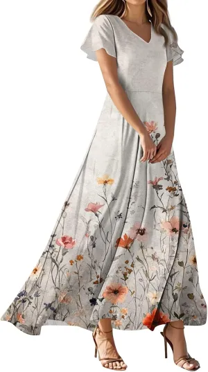 Floral Dress for Women Summer Casual Trendy Short Sleeve V-Neck Print Flowy Boho Maxi Dresses Vacation Outfits