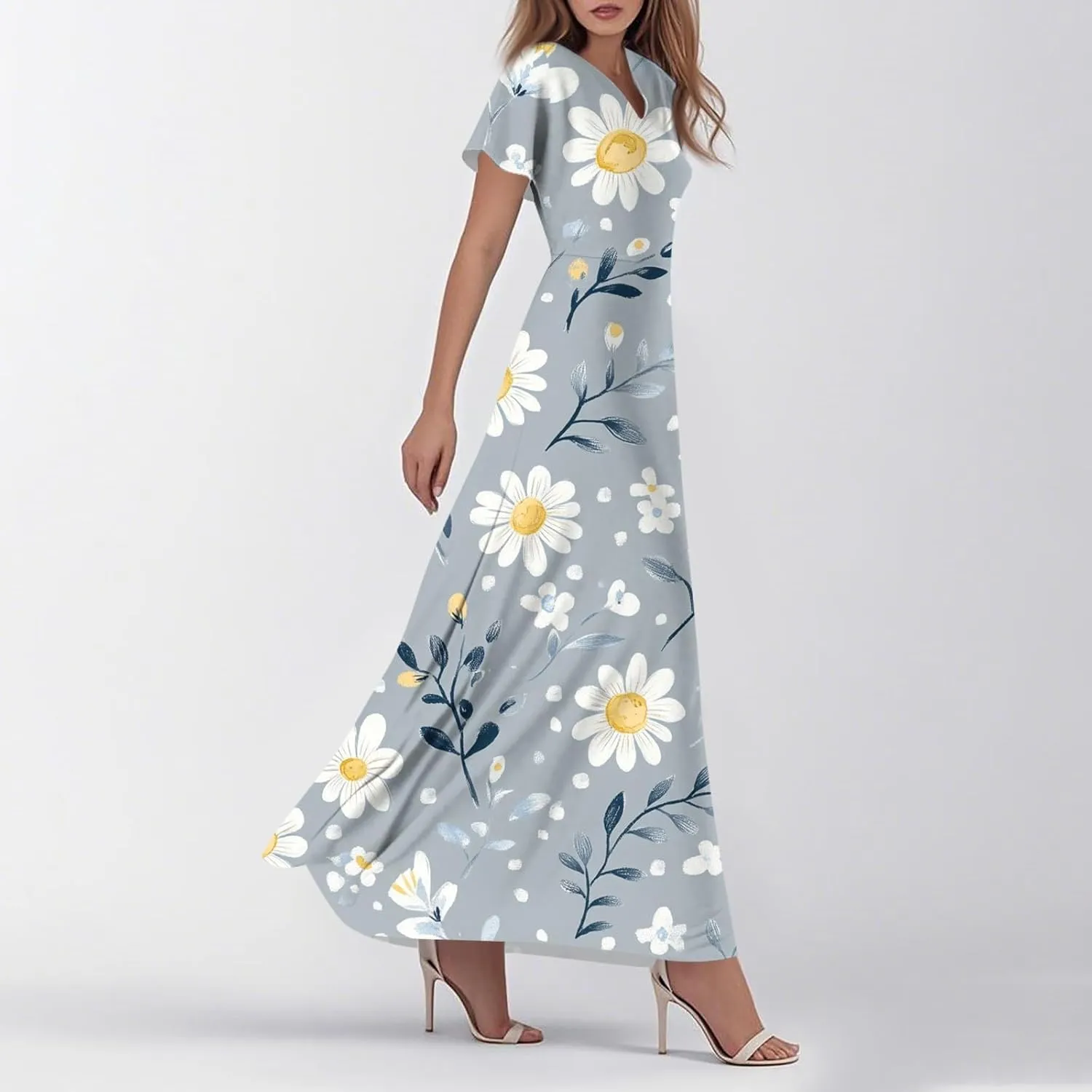 Floral Dress for Women Summer Casual Trendy Short Sleeve V-Neck Print Flowy Boho Maxi Dresses Vacation Outfits