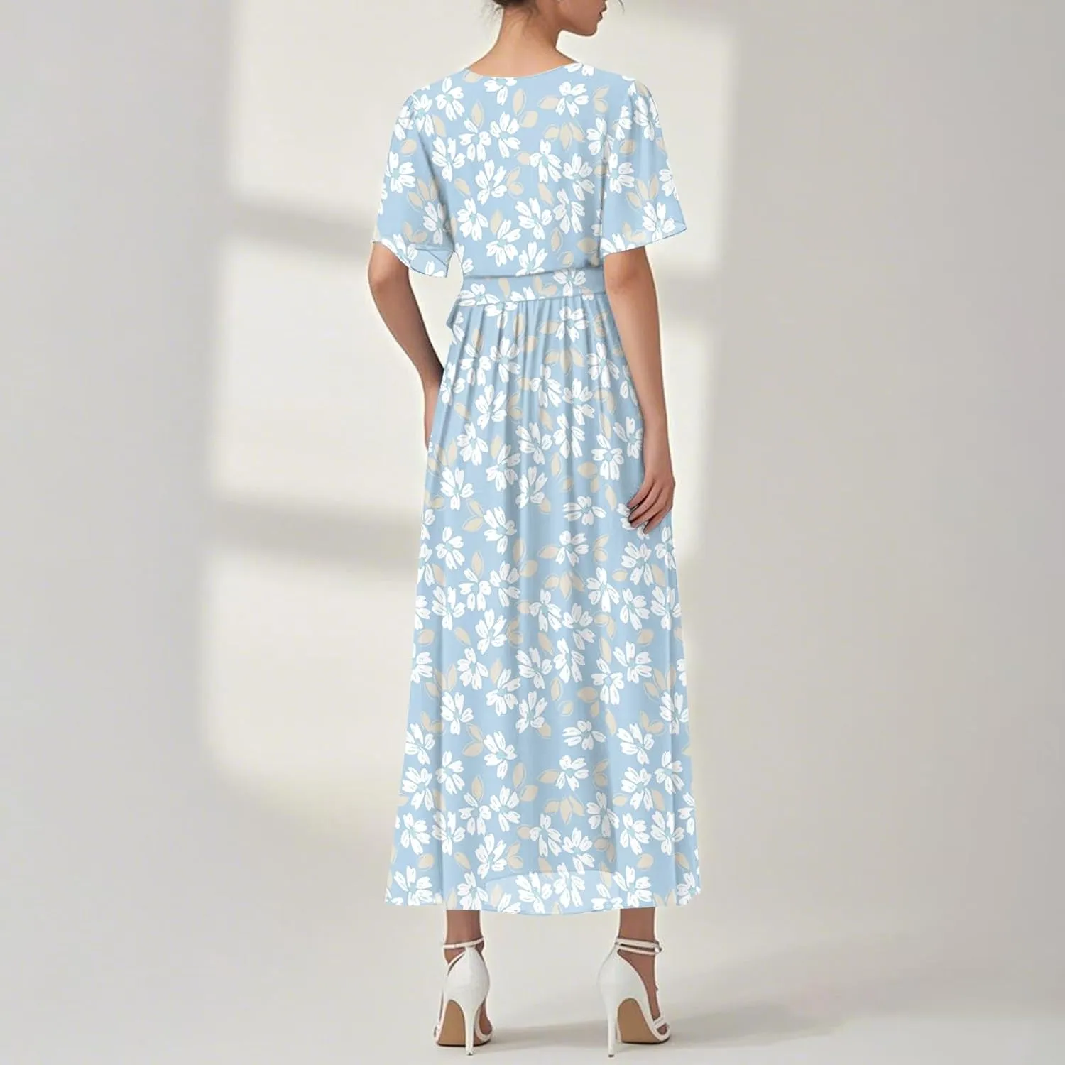 Floral Dress for Women,Flowy Wrap Chiffon Boho Beach Vacation Maxi Summer Dresses Short Sleeve Midi Sundresses