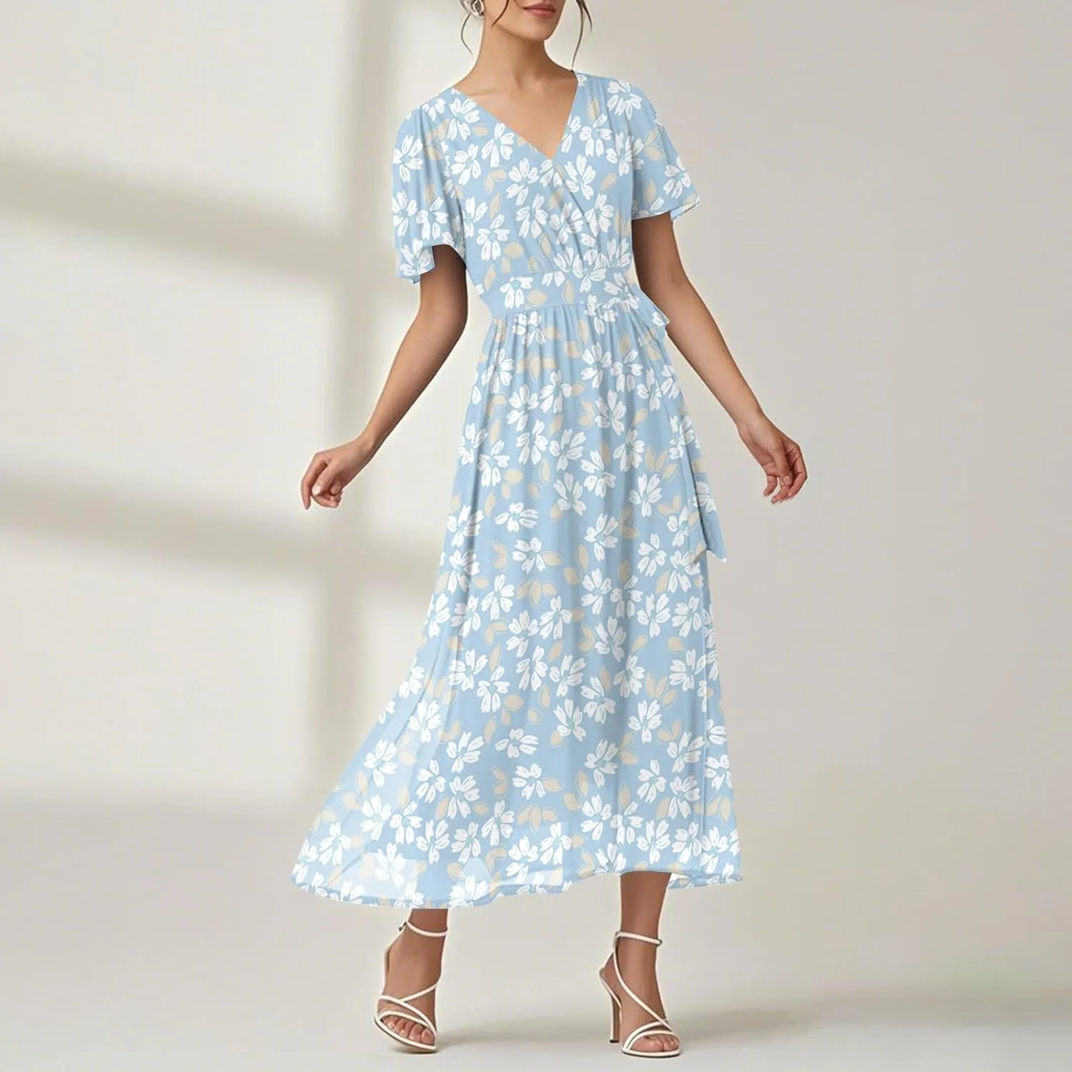 Floral Dress for Women,Flowy Wrap Chiffon Boho Beach Vacation Maxi Summer Dresses Short Sleeve Midi Sundresses