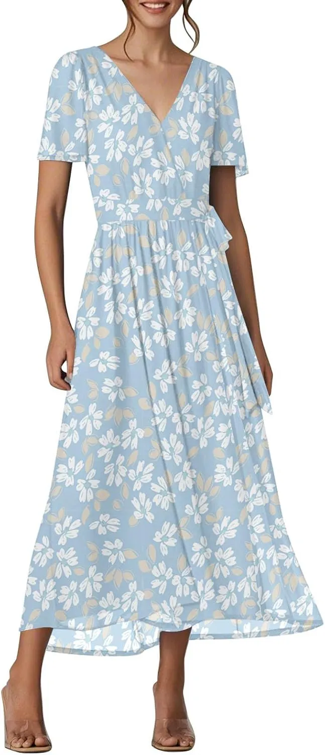 Floral Dress for Women,Flowy Wrap Chiffon Boho Beach Vacation Maxi Summer Dresses Short Sleeve Midi Sundresses